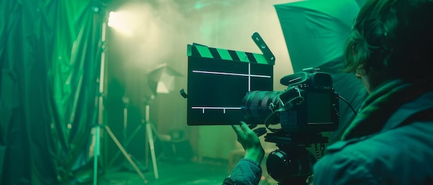 Young Camera Assistant Holding Empty Clapperboard on Film Studio Set Background Director Shooting Background Scene on Green Screen History Costume Drama