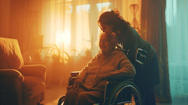 Photo young caregiver assisting senior woman in wheelchair indoors home health care servic generative ai