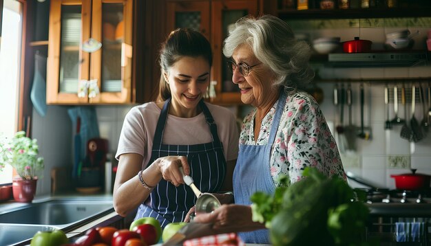 Young caregiver helping senior woman to walk in kitchen