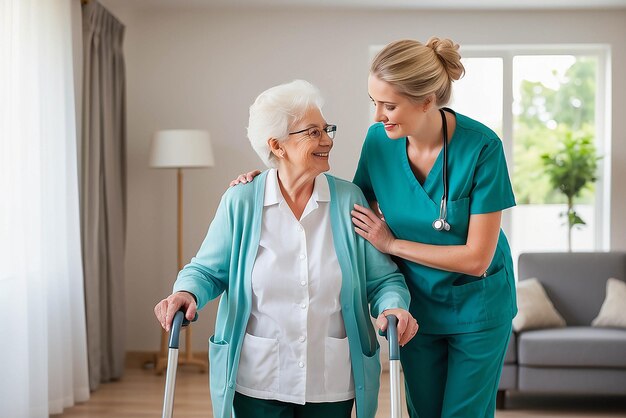 歩く年配の女性を助ける若い看護師 介護施設で老婦人患者を助ける看護師 家で歩き棒を持った高齢の女性が看護師の助けを受けている