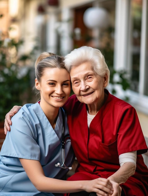 young caregiver in uniform hugging smiling elderly woman during a home visit