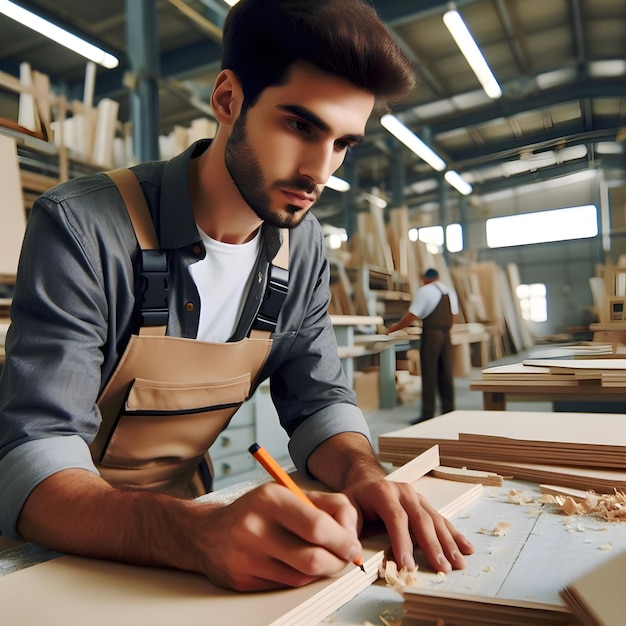 若い木工が家具作り工場で木板を工夫している