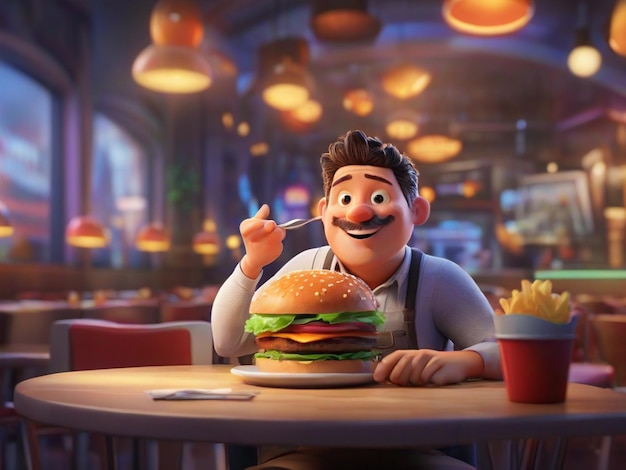 写真 おいしい3dハンバーガーを持った若いアニメの男の子