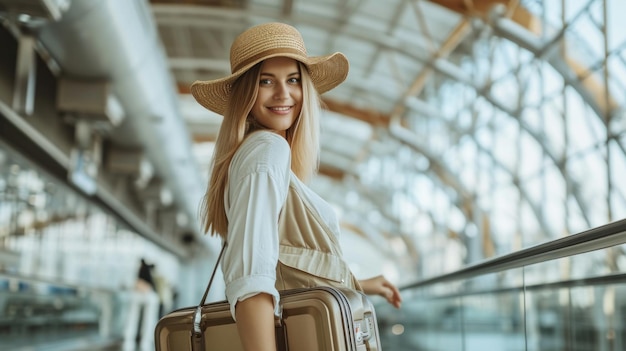 Молодая женщина с чемоданом в аэропорту.
