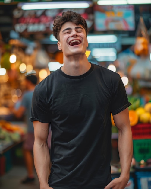 Young Caucasian Adult in Blank Black TShirt