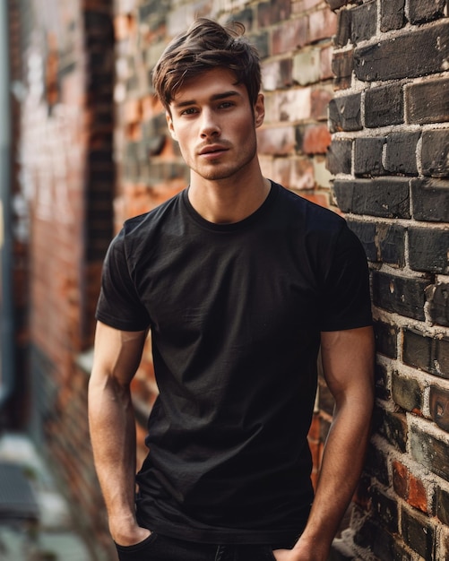 Young Caucasian Adult in Blank Black TShirt