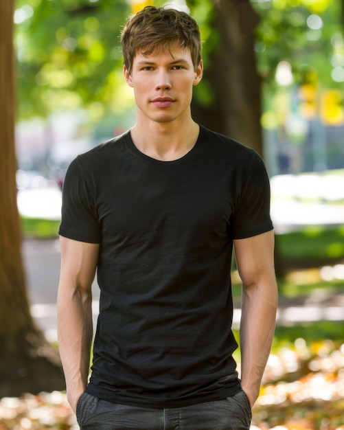 Young Caucasian Adult in Blank Black TShirt