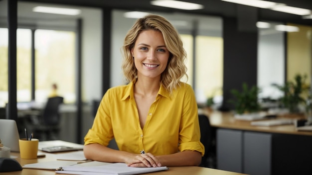 Young caucasian beautiful woman in yellow shirt leaning on desk with notepad and papers