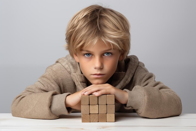 Young Caucasian blond boy with wooden puzzle child mental health concept autism spectrum disorder awareness concept education interior background copy space