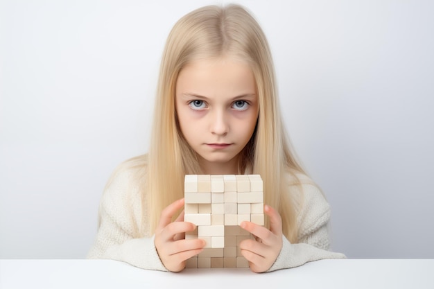 Young Caucasian blond girl with wooden puzzle child mental health concept autism spectrum disorder awareness concept education on white background copy space