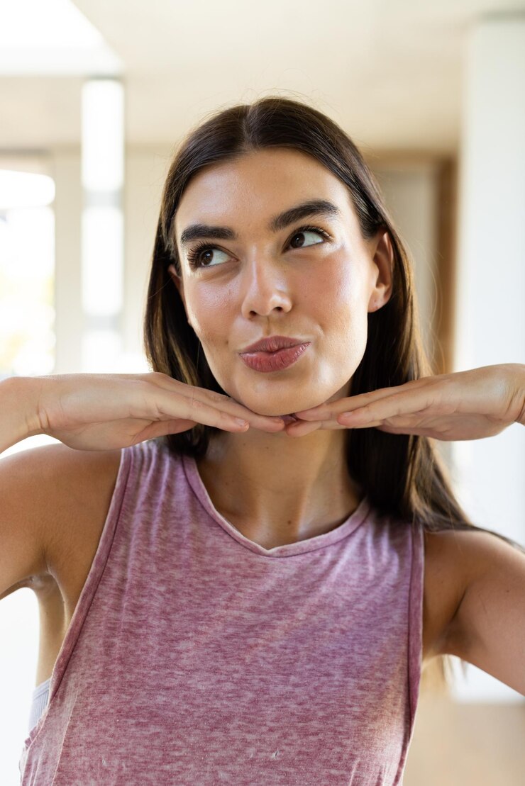 A young Caucasian brunette woman poses playfully at home