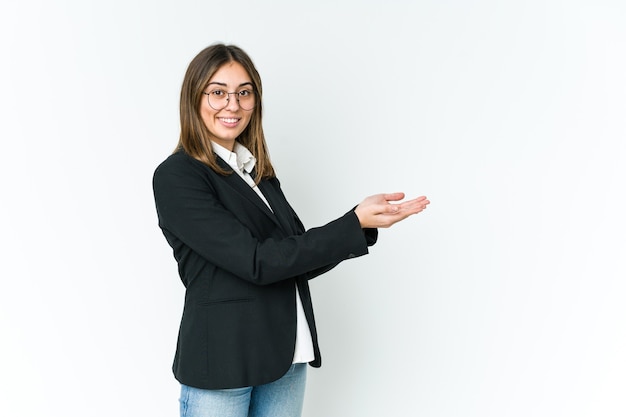 Young caucasian business woman holding a copy space on a palm.