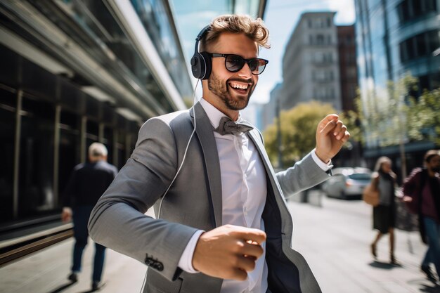 Young Caucasian businessman in a business suit and headphones is dancing on the street A successful deal and the way home to your favorite music Success