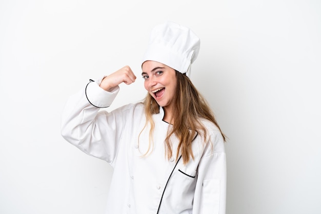 Young caucasian chef woman isolated on white background doing strong gesture