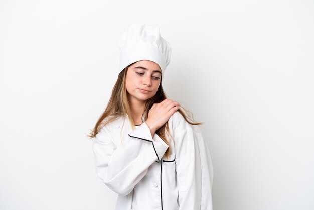 Young caucasian chef woman isolated on white background suffering from pain in shoulder for having made an effort