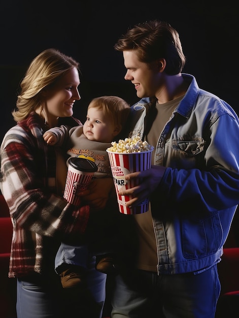 A young Caucasian family is at the movie theater bonding as theyre ready to see a Generative AI