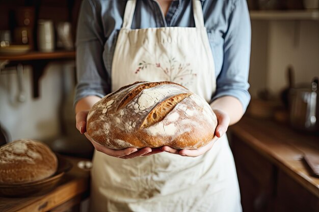 Young caucasian female baker in apron holding round bread in hands and next to board where lies long