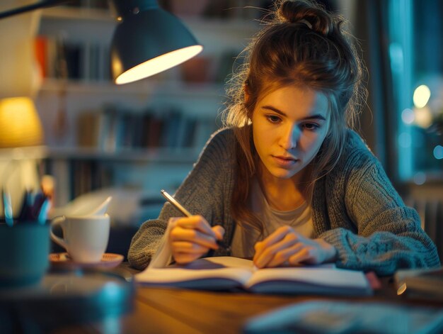 Photo young caucasian female student studying late at night in her room