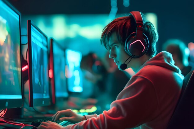 young caucasian gamer with headset playing video games with computer and multiple screens lit with saturated neon lights. Neural network generated in May 2023. Not based on any actual person, scene or