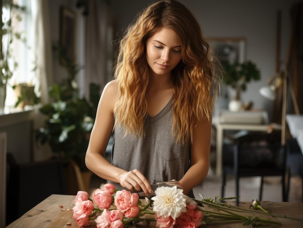 A young Caucasian girl florist makes a bouquet Floral design studio flower delivery order creation