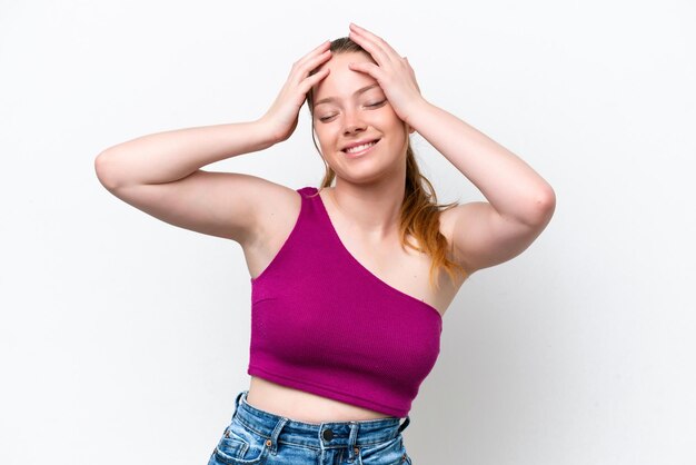 Young caucasian girl isolated on white background laughing