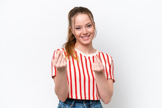 Young caucasian girl isolated on white background making money gesture