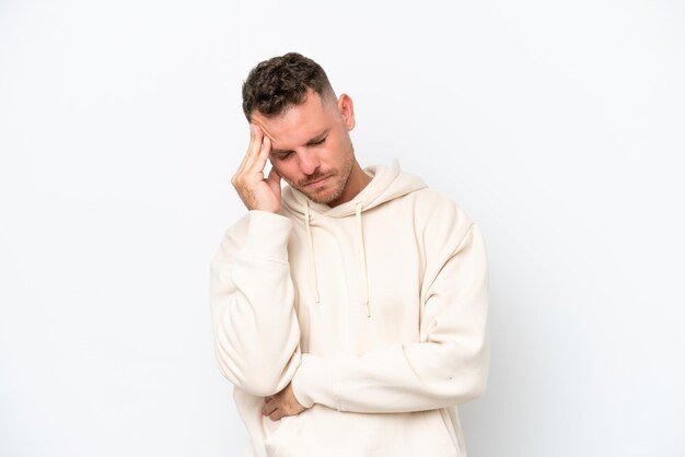 Young caucasian handsome man isolated on white background with headache