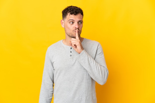 Young caucasian handsome man isolated on yellow showing a sign of silence gesture putting finger in mouth