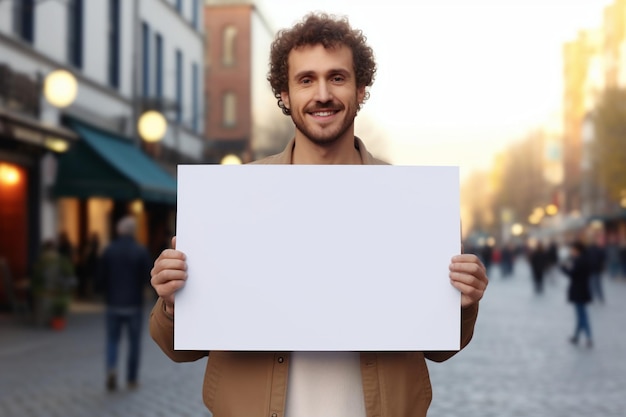 young caucasian handsome man at outdoors holding an empty placard