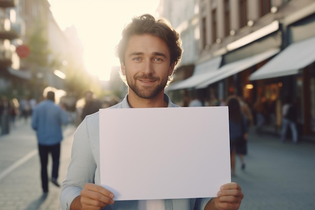 young caucasian handsome man at outdoors holding an empty placard