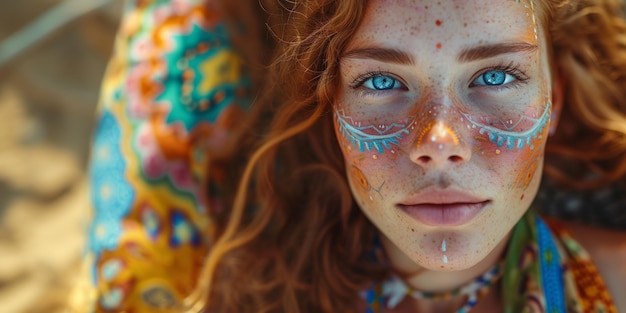 Photo young caucasian hippie woman with colorful painted makeup eclectic earthcore style blurred rainbow patterns