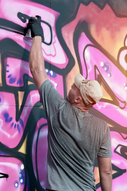 Young caucasian male graffiti artist drawing big street art painting in blue and pink tones
