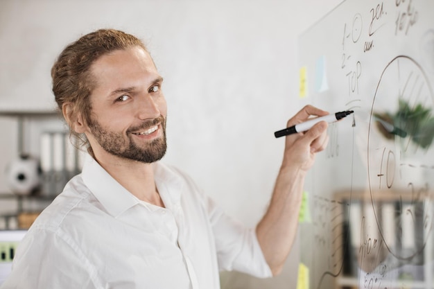 Young caucasian male speaker at formal wear writing on transparent board