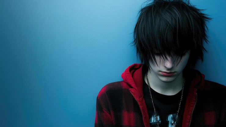 Photo young caucasian male with dark hair wearing red flannel shirt looking down against blue background