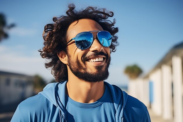 Young Caucasian man in a blue sweatshirt and blue sunglasses laughs and poses on the street