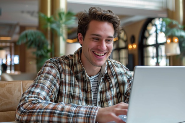 체크색 셔츠를 입은 젊은 백인 남자가 호텔 로비에서 노트북을 사용하고 있다