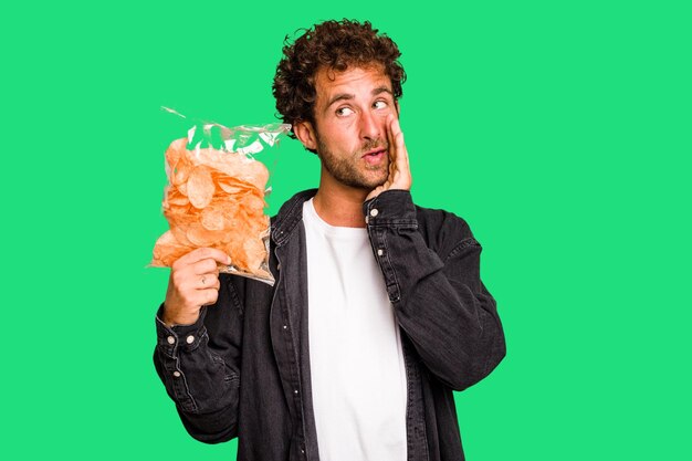 Young caucasian man holding crips isolated is saying a secret hot braking news and looking aside