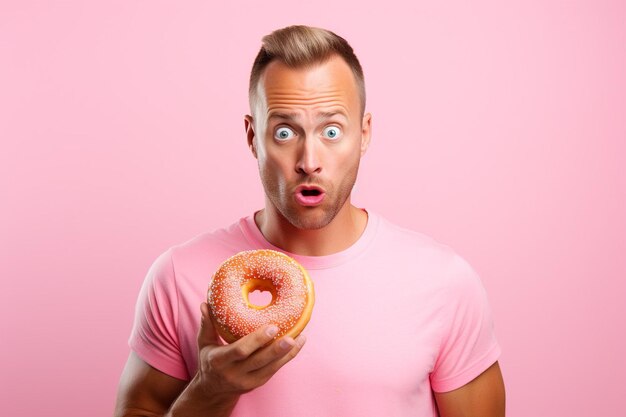 Photo young caucasian man holding a donut looking sideways with doubtful and skeptical expression