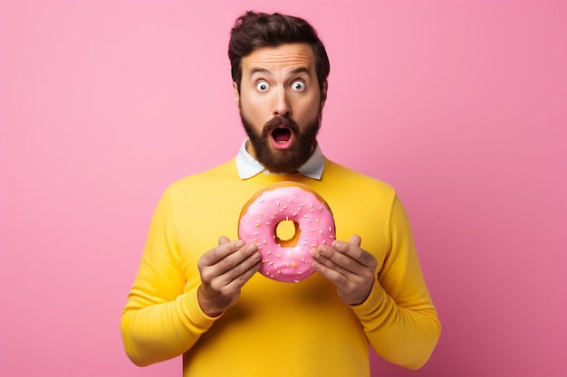 Photo young caucasian man holding a donut looking sideways with doubtful and skeptical expression