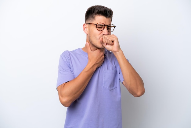 young caucasian man isolated on white background coughing a lot