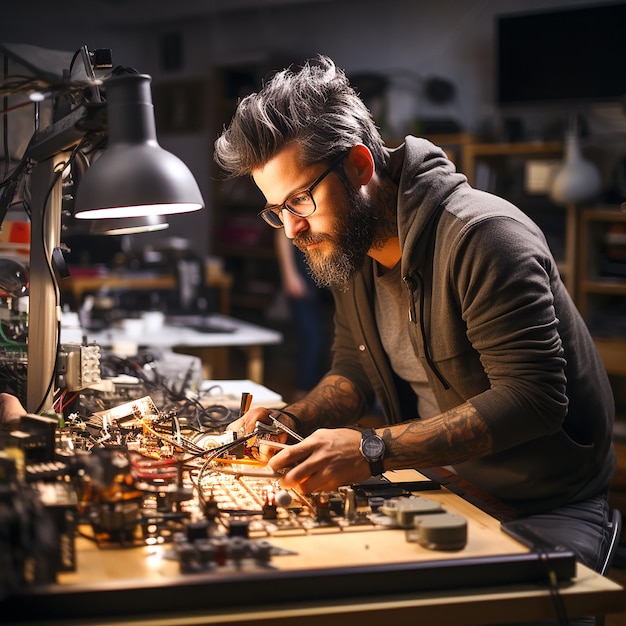 Young Caucasian man repairing metal equipment indoors generated by AI