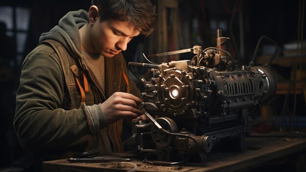 Photo young caucasian man repairing metal equipment indoors