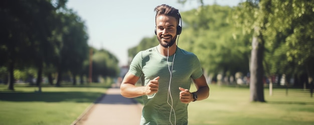 Young caucasian man during a running workout in the summer park