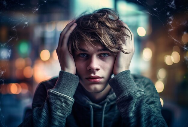 Photo a young caucasian man sits at a window looking thoughtful and desperate