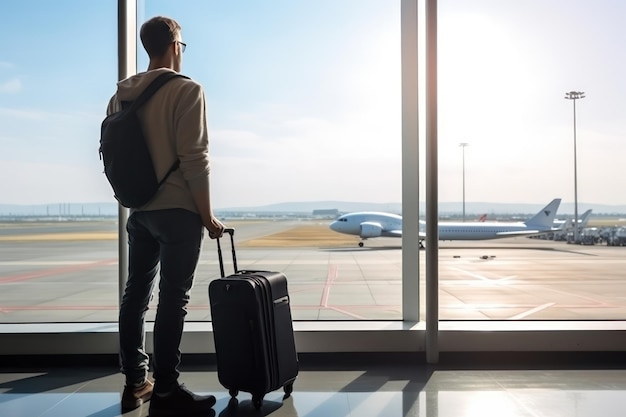 A young caucasian man waits for the boarding announcement for her flight