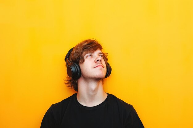 Foto giovane uomo caucasico che indossa una camicia nera e ascolta buona musica o podcast con le cuffie wireless