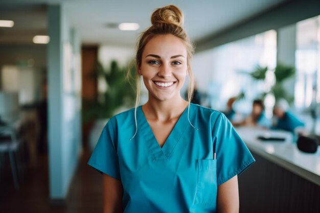 Young caucasian nurse in scrubs in a hospital office smiling portrait behance photographys