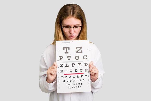 Foto giovane donna caucasica dell'oculista che tiene una carta del grafico dell'occhio isolata