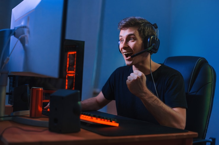 Photo young caucasian pro gamer win in online video game, feels happy and exited, show yes hand gesture.