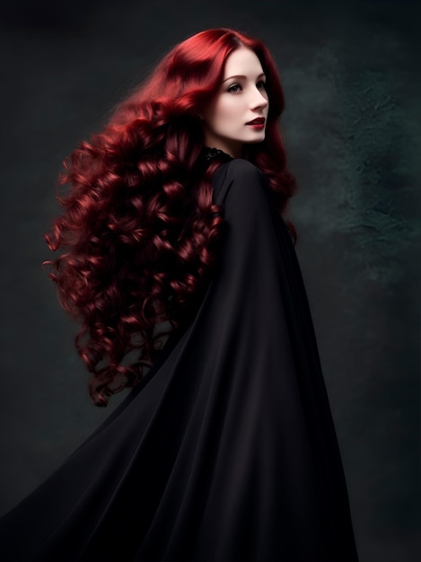 A young caucasian redhead woman dressed in black on a dark background